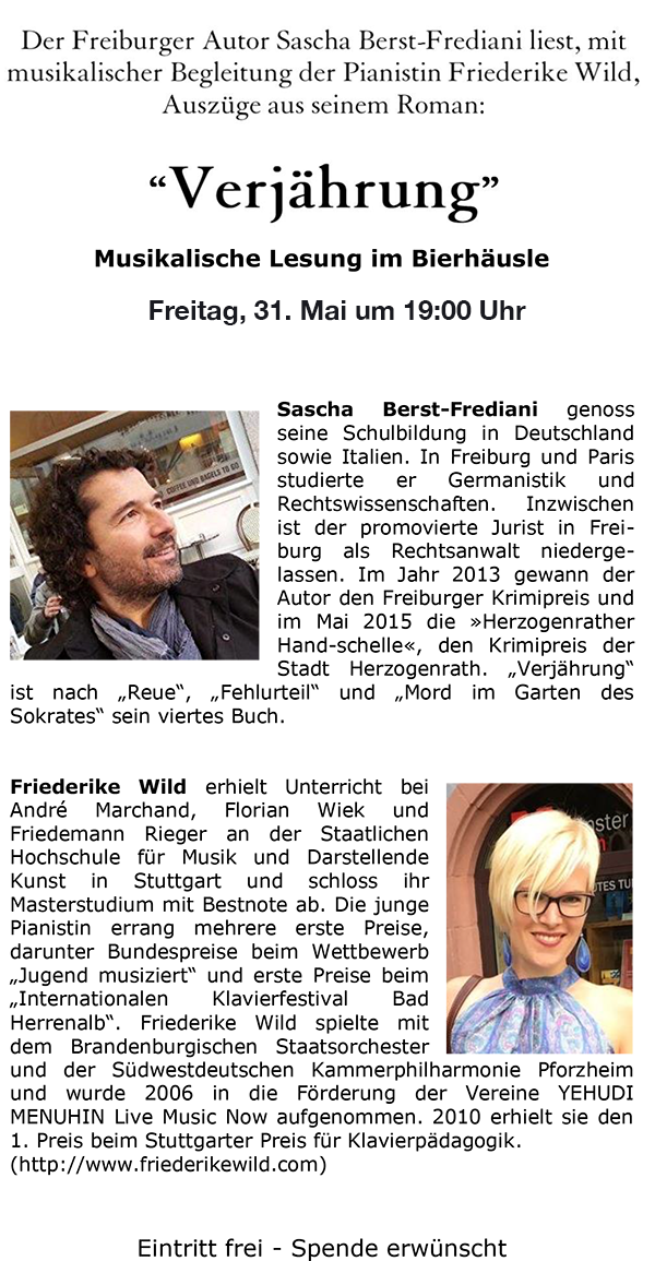 musikalische Lesung mit Sascha Berst-Frediani und der Pianistin Friederike Wild